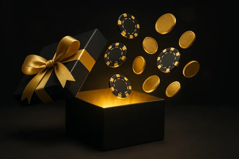 Premium gift box opening with gold light, casino chips and coins