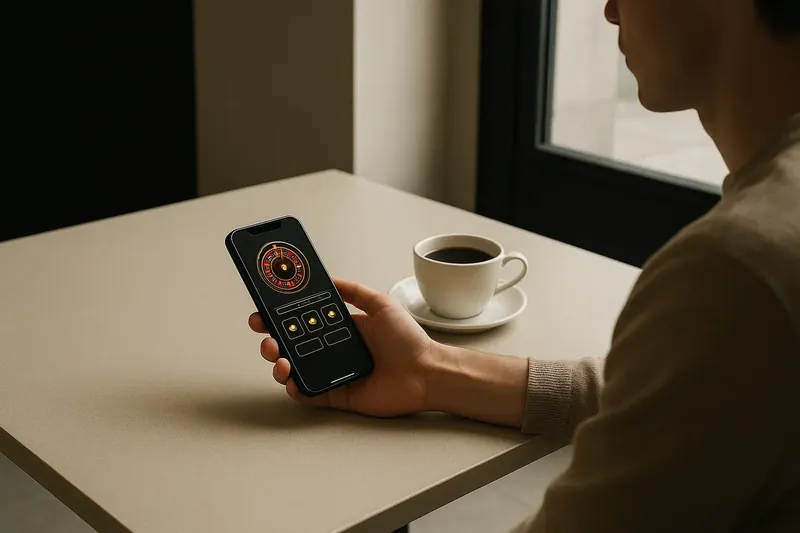 Person at cafe table using smartphone with dark casino app beside coffee cup