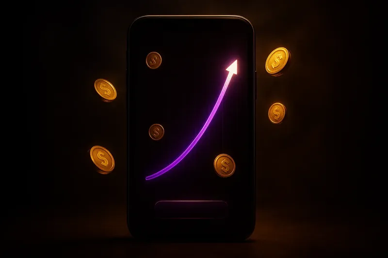 Mobile crash game interface with glowing curve graph and scattered coins