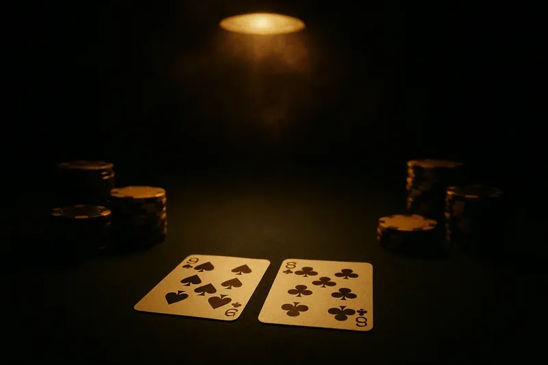 Baccarat Table Close-Up Face-up baccarat cards and chip stacks on green felt under spotlight