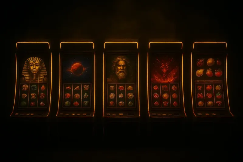 Five vivid video slot machines with neon lighting and themed screens